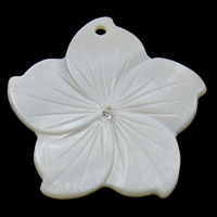 Natural White Shell Pendler, Flower, med rhinestone, 37x36x4mm, Hole:Ca. 2mm, 30pc'er/Bag, Solgt af Bag
