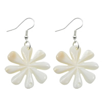 White Shell Drop Earring, brass earring hook, Flower, 30x51x3mm, 10Pairs/Bag, Sold By Bag