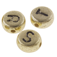 Alphabet Acryl Perlen, flache Runde, antike Goldfarbe plattiert, verschiedene Muster für Wahl & mit Brief Muster, 4x7mm, Bohrung:ca. 1mm, ca. 3600PCs/Tasche, verkauft von Tasche