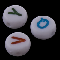 Alphabet Acryl Perlen, flache Runde, verschiedene Muster für Wahl & mit Brief Muster & Volltonfarbe, weiß, 4x7mm, Bohrung:ca. 1mm, ca. 3600PCs/Tasche, verkauft von Tasche