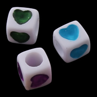 Solid Color Akryl perler, Cube, med hjerte mønster & ensfarvet, flere farver til valg, 7x7mm, Hole:Ca. 3mm, Ca. 1950pc'er/Bag, Solgt af Bag