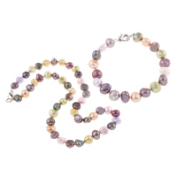Natural Cultured Freshwater Pearl Jewelry Sets, bracelet & necklace, brass lobster clasp, Baroque, multi-colored, 8-9mm, Length:Approx 7.5 Inch, Approx 17 Inch, Sold By Set