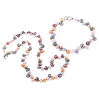 Natural Cultured Freshwater Pearl Jewelry Sets, bracelet & necklace, brass lobster clasp, Rice, top drilled, multi-colored, 6-7mm, Length:Approx 7.5 Inch, Approx 17 Inch, Sold By Set