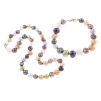 Natural Cultured Freshwater Pearl Jewelry Sets, bracelet & necklace, brass lobster clasp, Baroque, multi-colored, 9-10mm, Length:Approx 7.5 Inch, Approx 17 Inch, Sold By Set
