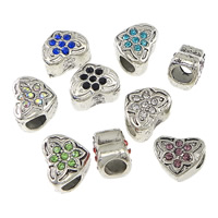 Tibetan Style European Beads, Heart, antique silver color plated, without troll & with rhinestone, more colors for choice, 12x10x8mm, Hole:Approx 4.5mm, 200PCs/Lot, Sold By Lot