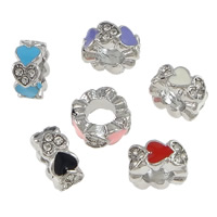 Tibetan Style Large Hole Bead, Donut, platinum color plated, with heart pattern & without troll & enamel & with rhinestone, more colors for choice, 5x11mm, Hole:Approx 5.5mm, 200PCs/Lot, Sold By Lot