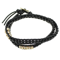 Wrap Bracelet, Black Agate, with Waxed Cotton Cord & Tibetan Style, stainless steel clasp, gold color plated, natural & adjustable & 2-strand, nickel, lead & cadmium free, 7mm, 4mm, 7x5x6mm, Length:14-16 Inch, 5Strands/Lot, Sold By Lot