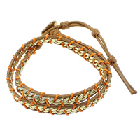 Wrap Bracelet, Waxed Cotton Cord, with brass chain, stainless steel clasp, gold color plated, adjustable & 2-strand, nickel, lead & cadmium free, 8mm, Length:14-16 Inch, 5Strands/Lot, Sold By Lot