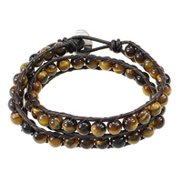 Wrap Bracelet, Tiger Eye, with Waxed Cotton Cord, stainless steel clasp, natural, adjustable & 2-strand, 9mm, 6.5mm, Length:14-16 Inch, 5Strands/Lot, Sold By Lot