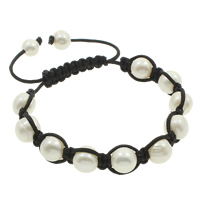 Bracelets Woven Ball perles d'eau douce, perle d'eau douce cultivée, avec corde en nylon, pomme de terre, naturel, réglable, blanc, 10-11mm, Vendu par Environ 7.5 pouce brin