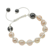 Bracelets Woven Ball perles d'eau douce, perle d'eau douce cultivée, avec corde en nylon & Hématite, pomme de terre, naturel, réglable, rose, 10-11mm, Vendu par Environ 6 pouce brin