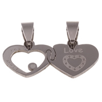 Stainless Steel Couple Pendants, Heart, word I love you, for couple, original color, 32x16x1mm, Hole:Approx 4x9mm, 10Pairs/Bag, Sold By Bag