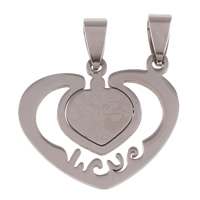 Stainless Steel Couple Pendants, Heart, word love, for couple, original color, 29x26x1mm, Hole:Approx 4x9mm, 10Pairs/Bag, Sold By Bag