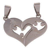 Stainless Steel Couple Pendants, Heart, for couple, original color, 30x24x1mm, Hole:Approx 4x9mm, 10Pairs/Bag, Sold By Bag