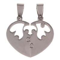 Stainless Steel Couple Pendants, Heart, word I love you, for couple, original color, 28x27x1mm, Hole:Approx 4x9mm, 10Pairs/Bag, Sold By Bag