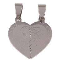 Stainless Steel Couple Pendants, Heart, word I love you, for couple, original color, 24x26x1mm, Hole:Approx 4x9mm, 10Pairs/Bag, Sold By Bag