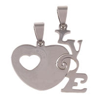 Stainless Steel Couple Pendants, Heart, word love you, for couple, original color, 31x32x1mm, Hole:Approx 4x9mm, 10Pairs/Bag, Sold By Bag