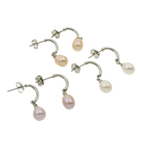 Freshwater Pearl Earrings, Brass, with pearl, Teardrop, platinum color plated, mixed colors, 7-8mm, 26mm, 3Pairs/Bag, Sold By Bag