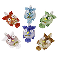 Inner Flower Lampwork Pendants, Owl, handmade, mixed colors, 30x42x15mm, Hole:Approx 6-7mm, 12PCs/Bag, Sold By Bag