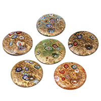 Pendentifs Murano de mode, chalumeau, Plat rond, fait à la main, avec tranche de millefiori & sable d'or, couleurs mélangées, 41x9mm, Trou:Environ 5-6mm, 12PC/sac, Vendu par sac