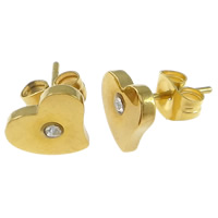 Stainless Steel Stud Earrings, Heart, gold color plated, with rhinestone, 8x8x12mm, 12Pairs/Lot, Sold By Lot