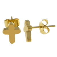 Stainless Steel Stud Earrings, Cross, gold color plated, 7x9x14mm, 12Pairs/Lot, Sold By Lot