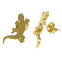 Boucle d'oreille de gaujon en acier inoxydable, gecko, Placage de couleur d'or, 10x15x12mm, 12pairescouple/lot, Vendu par lot