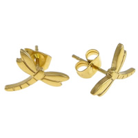 Stainless Steel Stud Earrings, Dragonfly, gold color plated, 12x10x12mm, 12Pairs/Lot, Sold By Lot
