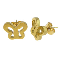 Stainless Steel Stud Earrings, Butterfly, gold color plated, 12x9x14mm, 12Pairs/Lot, Sold By Lot