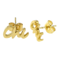Roestvrij staal Stud Earrings, Brief, gold plated, 11x7x13mm, 12paren/Lot, Verkocht door Lot