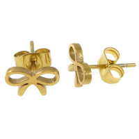Stainless Steel Stud Earrings, Bowknot, gold color plated, 9x5x12mm, 12Pairs/Lot, Sold By Lot