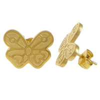 Stainless Steel Stud Earrings, Butterfly, gold color plated, 14x12x12mm, 12Pairs/Lot, Sold By Lot