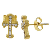 Stainless Steel Stud Earrings, Cross, gold color plated, with rhinestone, 7x12x14mm, 12Pairs/Lot, Sold By Lot