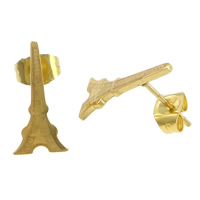 Stainless Steel Stud Earrings, Eiffel Tower, gold color plated, 7.50x15x12mm, 12Pairs/Lot, Sold By Lot
