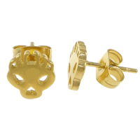 Stainless Steel Stud Earrings, Skull, gold color plated, 7.50x8x11mm, 12Pairs/Lot, Sold By Lot