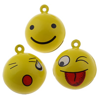 Brass Bell Pendant, Round, painted, different designs for choice, yellow, nickel, lead & cadmium free, 26x30x26mm, Hole:Approx 1.5mm, 50PCs/Bag, Sold By Bag