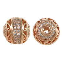 Cubic Zirconia Micro Pave Brass Beads, Round, real rose gold plated, micro pave cubic zirconia & hollow, nickel, lead & cadmium free, 10.50mm, Hole:Approx 2mm, 5PCs/Lot, Sold By Lot