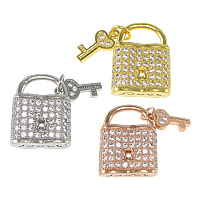Cubic Zirconia Micro Pave Brass Pendant, Lock and Key, plated, micro pave cubic zirconia & hollow, more colors for choice, nickel, lead & cadmium free, 14x19x5.5mm, 6x12x1.5mm, Hole:Approx 9x5mm, 20PCs/Lot, Sold By Lot