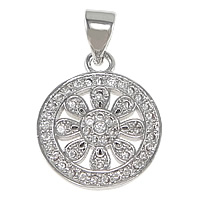 Cubic Zirconia Micro Pave Brass Pendant, Flat Round, platinum plated, with flower pattern & micro pave cubic zirconia, nickel, lead & cadmium free, 13x16x1.50mm, Hole:Approx 3.5x4mm, 20PCs/Lot, Sold By Lot