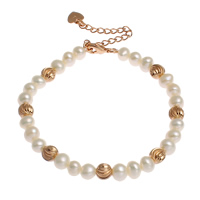 Freshwater Cultured Pearl Bracelet Freshwater Pearl with Brass with 4cm extender chain Potato rose gold color plated beaded bracelet & with 925 logo & flower cut 6-7mm Sold Per Approx 6.5 Inch Strand