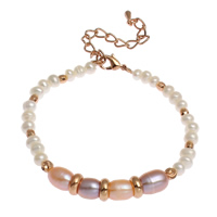 Bracelet en perles de culture d'eau douce, perle d'eau douce cultivée, avec laiton, avec 5cm chaînes de rallonge, Plaqué de couleur d'or rose, bracelet perlé, 5-6mm, 7-8mm, Vendu par Environ 6 pouce brin