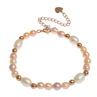 Bracelet en perles de culture d'eau douce, perle d'eau douce cultivée, avec laiton, avec 5cm chaînes de rallonge, Plaqué de couleur d'or rose, bracelet perlé & 925 logo, 5x6mm, 7-8mm, Vendu par Environ 6.5 pouce brin