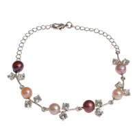 Freshwater Cultured Pearl Bracelet, Freshwater Pearl, with Brass, platinum color plated, with cubic zirconia, 6-7mm, Sold Per Approx 8.5 Inch Strand