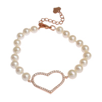 Freshwater Cultured Pearl Bracelet, Freshwater Pearl, with Brass, with 5cm extender chain, Heart, rose gold color plated, beaded bracelet & micro pave cubic zirconia, 6-7mm, 30x18x3mm, Sold Per Approx 6 Inch Strand