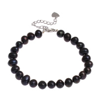 Freshwater Cultured Pearl Bracelet, Freshwater Pearl, brass lobster clasp, with 5cm extender chain, Potato, beaded bracelet, black, 7-8mm, Sold Per Approx 6.5 Inch Strand
