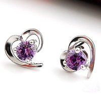 Brass Stud Earring with Amethyst Flower real silver plated February Birthstone & oval chain & with cubic zirconia nickel lead & cadmium free Sold By Pair