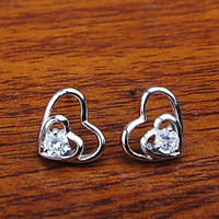 Cubic Zircon (CZ) Stud Earring, 925 Sterling Silver, Heart, with cubic zirconia, 10x9mm, Sold By Pair