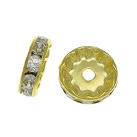 Rhinestone Spacers, Brass, Rondelle, gold color plated, with rhinestone, nickel, lead & cadmium free, 12x12x3.60mm, Hole:Approx 2mm, 500PCs/Bag, Sold By Bag