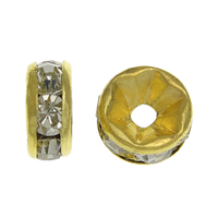 Rhinestone Spacers, Brass, Rondelle, gold color plated, with rhinestone, nickel, lead & cadmium free, 7x7x3.50mm, Hole:Approx 1.7mm, 500PCs/Bag, Sold By Bag