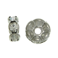 Rhinestone Spacers, Brass, Rondelle, platinum color plated, with rhinestone, nickel, lead & cadmium free, 7x7x3.40mm, Hole:Approx 1.6mm, 500PCs/Bag, Sold By Bag